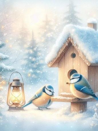 Advent Winterwald Futterhäuschen mit Meisenpärchen