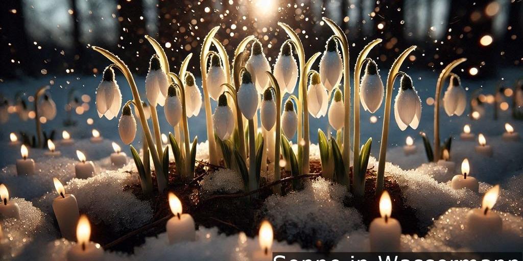 Sonne in Wassermann: Schneeglöckchen im Sonnelicht umringt von Kerzen