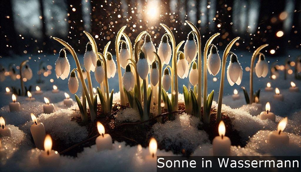 Sonne in Wassermann: Schneeglöckchen im Sonnelicht umringt von Kerzen