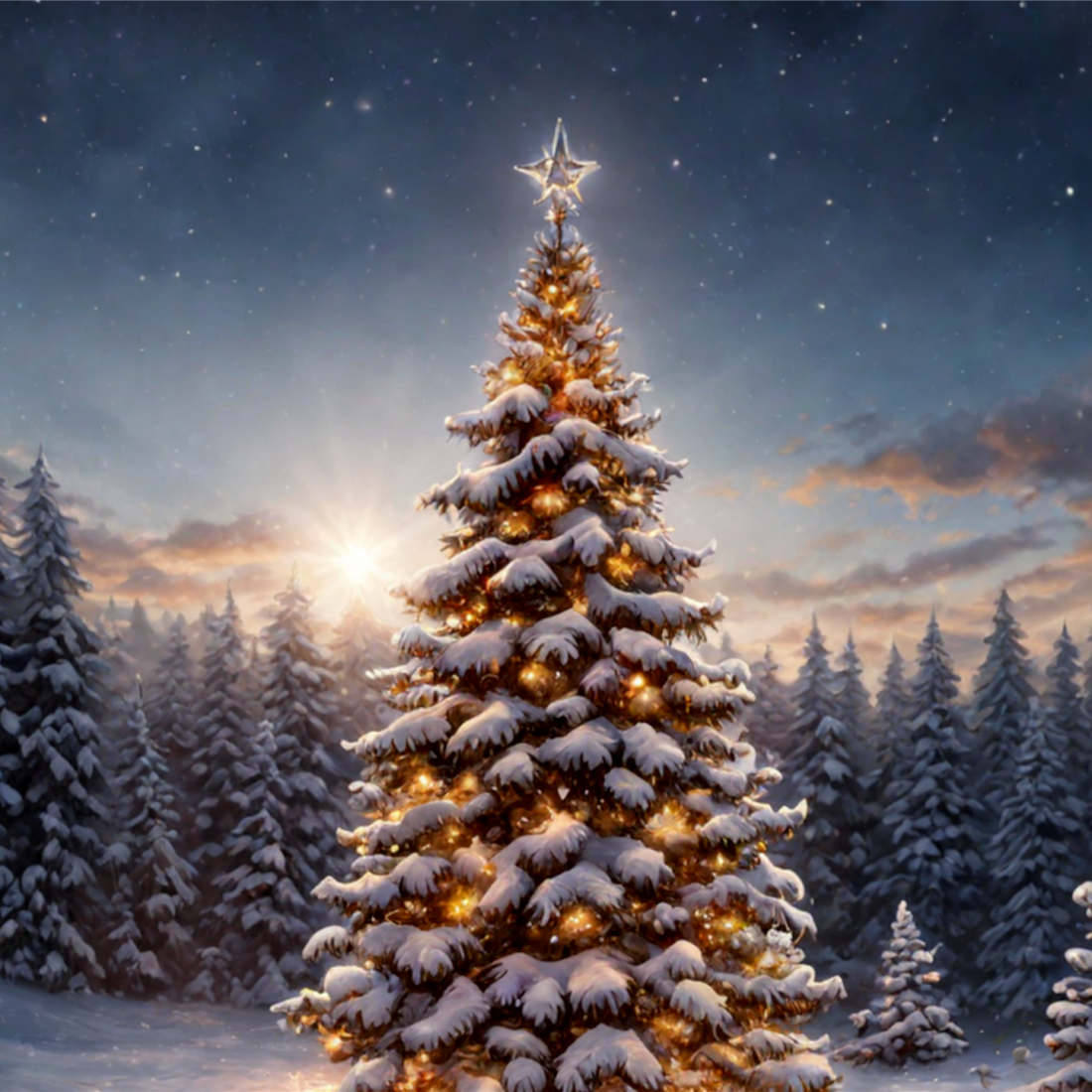 beleuchteter Tannenbaum im verschneiten Winterwald